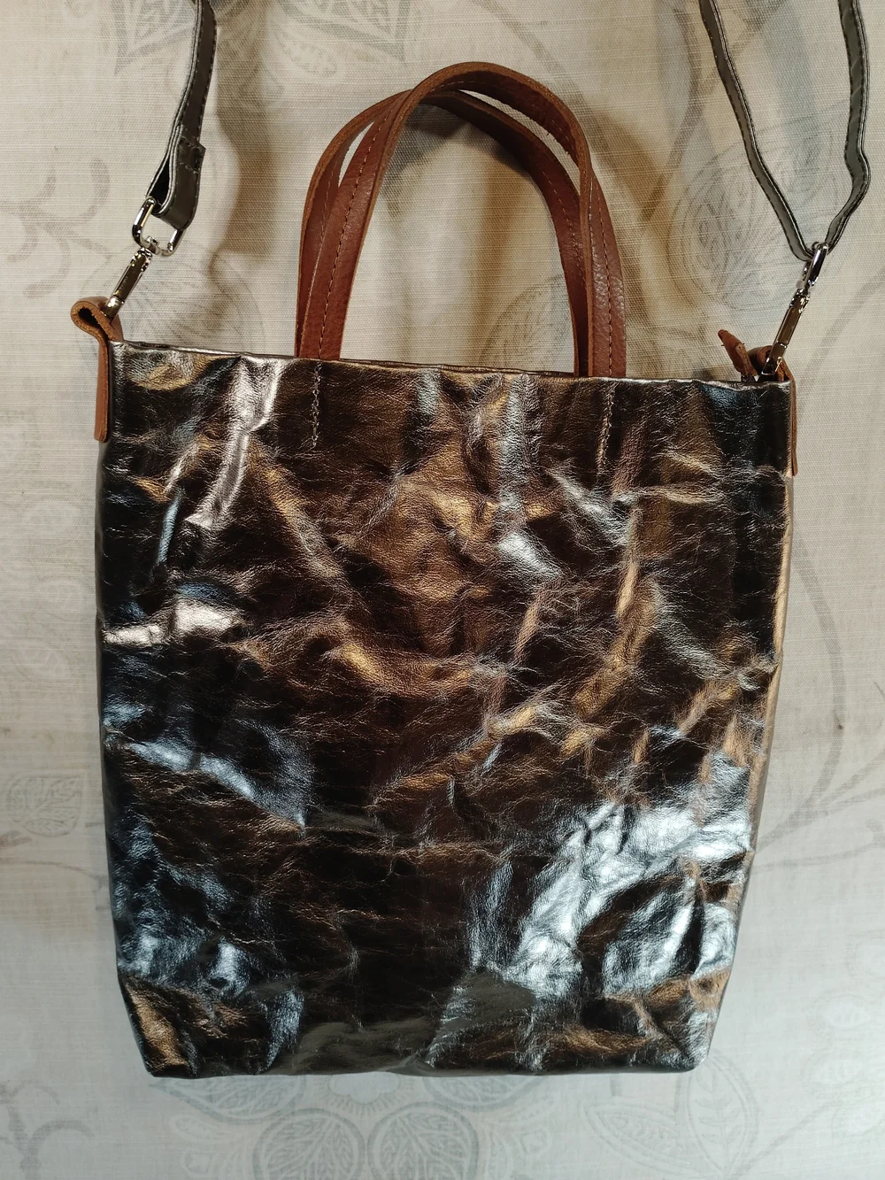Uashmama Otti Stylish Metallic Dark Grey Crossbody Tote with Brown Handles